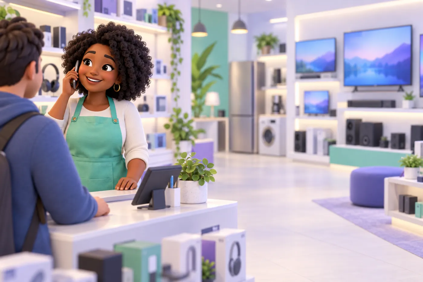 Illustration: a shop owner taking a customer call at her store counter