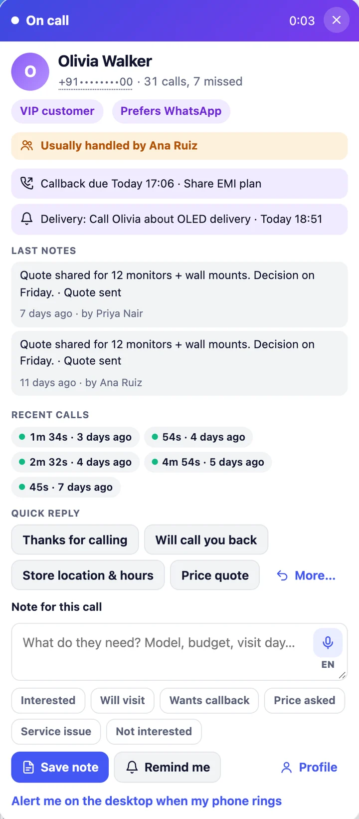The Teliri call panel during a call: caller name and tags, open callbacks, last notes, recent calls, quick replies and a note box. Example data.